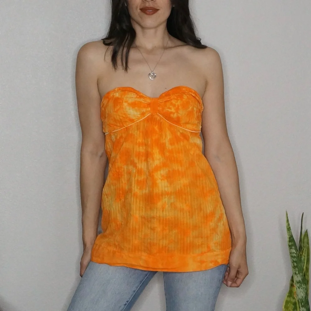 Orange & white tie die strapless top w/ tie in back size L - Picture 1 of 7